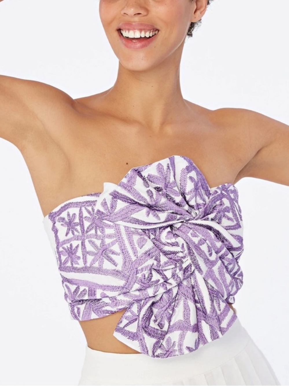 AMUR White Strapless Top with Lavender Embroidered Pattern